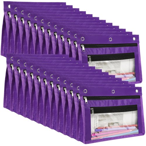 YoeeJob 24 Pack Pencil Pouch for 3 Ring Binder, Expandable Binder Pouches with Zipper, Large Capacity Pen Holder Case with Clear Window School Class Office Organizers, Purple