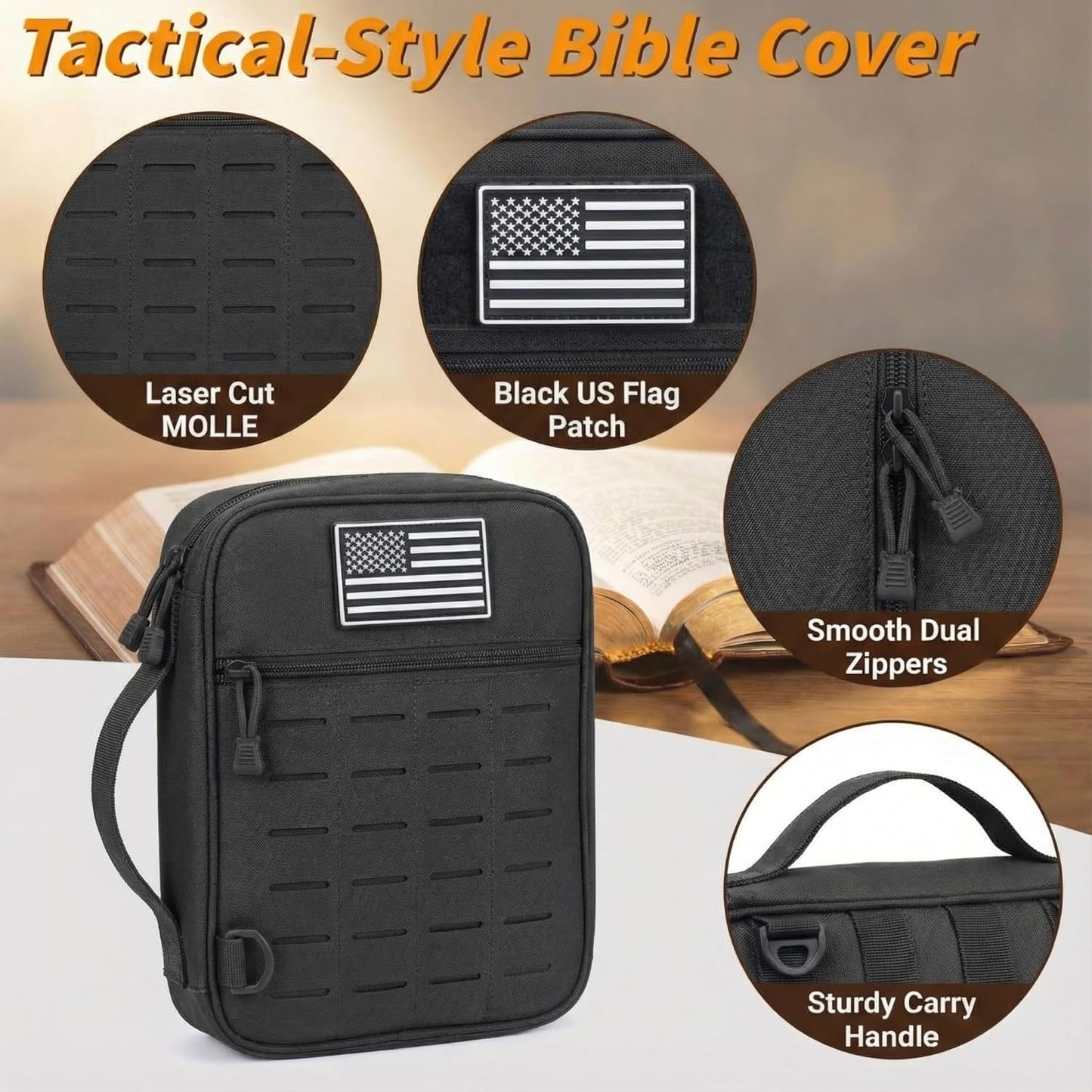 Skiennix Tactical Bible Cover - Large Water Resistant Case with Shoulder Strap & US Flag Patch | Multi-Pocket Design for Church & Travel