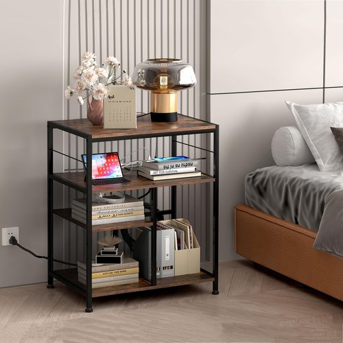 TQVAI Large Printer Stand, 4-Tier Adjustable Height Home Office Printer Table with Power Outlet Charging Station, Wood Stand Desk for Heat Press Scanner Fax, Black/Antique