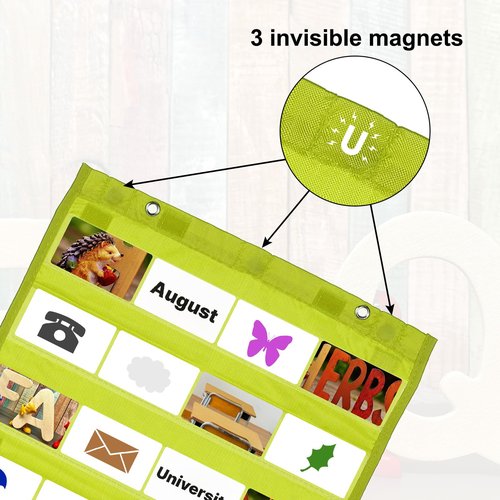 PATIKIL Magnetic Pocket Chart, Small Pocket Chart Mini Double Sided Classroom Pocket Chart Organizer Wall Hanging for Classroom Supplies, Light Green