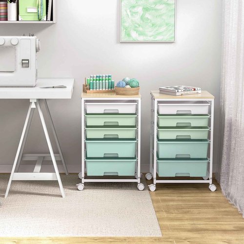 Craft cart,Rolling Cart with Drawers,Storage Cart with 5 Drawers and Wooden Tabletop for Under Desk Organizers and Storage,Green