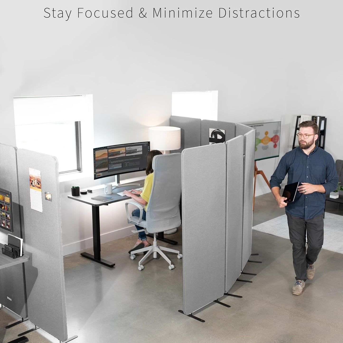 VIVO Freestanding Privacy Panel - 72 x 66 Inch Acoustic Wall Divider | Gray Cubicle Partition with 3 Panels