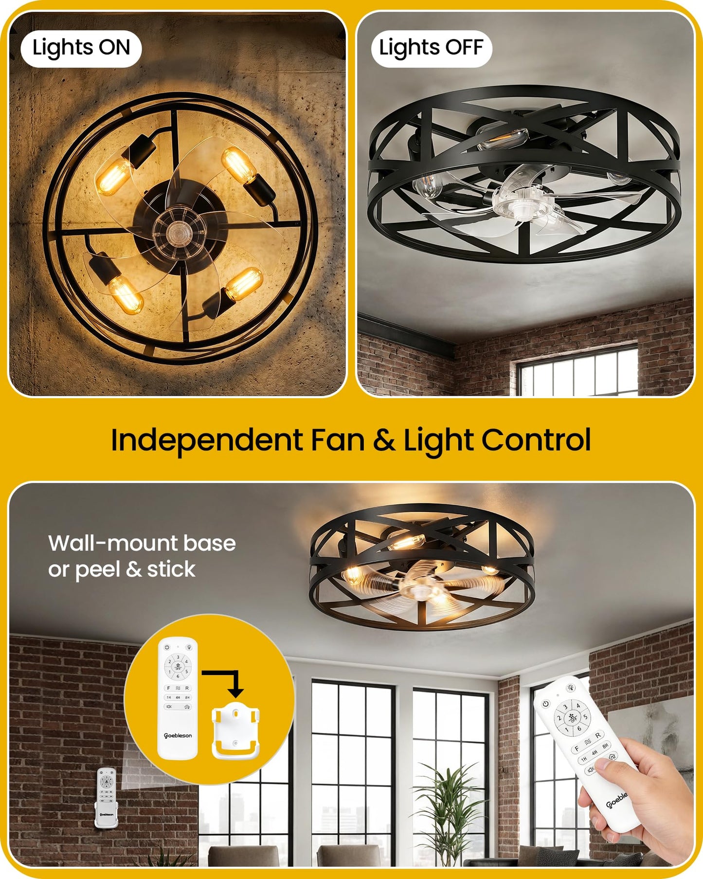 20" Farmhouse Flush Mount Ceiling Fan with Lights and Remote, Low Profile Caged Ceiling Fan Fandelier, 6 Speeds, Timer, Reversible DC Motor, Bladeless Ceiling Fan for Bedroom, Kitchen, Black B02CF05