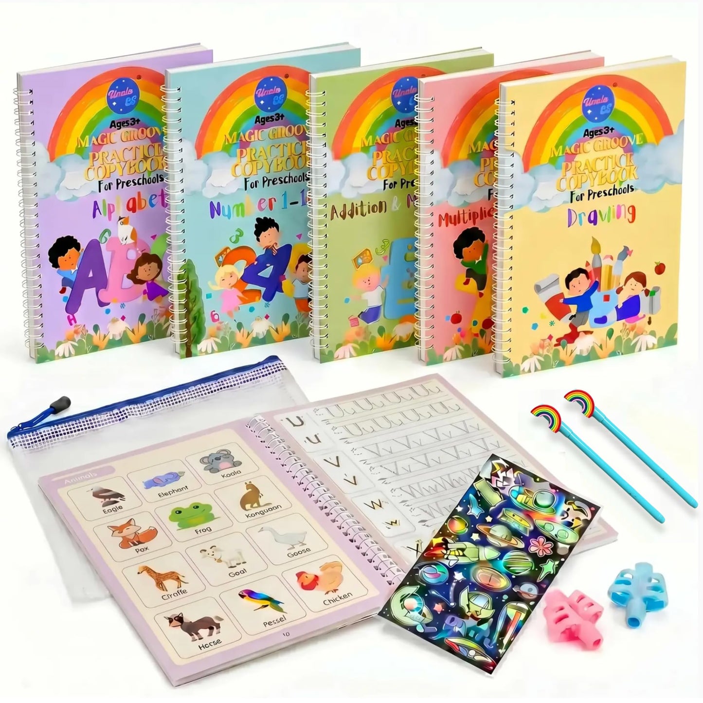 Large Magic Handwriting Practice Workbooks, Reusable Grooved Handwriting Practice for Kids 3-8, Toddler Writing Practice, Math Calligraphy, Letter Tracing, for Kindergarten Preschool, The Fun Kit