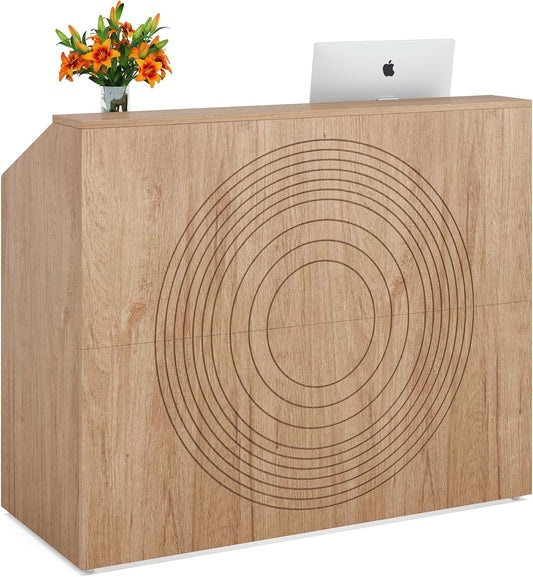 LITTLE TREE 47-Inch Reception Desk with Counter, Oak Front Desk Reception Room Table, Retail Counter for Checkout, Modern Welcome Desk for Lobby, Office, Beauty Salon