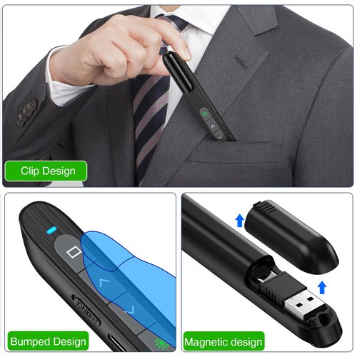 USB C Rechargeable Presentation Clicker with Green Light,Remote Clicker for Presentations Wireless Presenter Slide Changer PPT Advancer Pointer with Volume Control for Laptop Computer