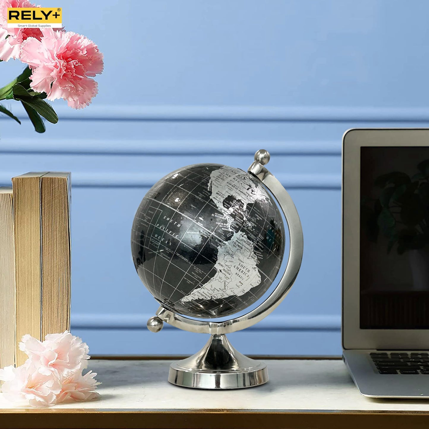 Rely+ 5" Black Globe of The World with Silver Stand (NOT PLASTIC!) For Bookcase Decorative Home Desk Table Office Decor Book Shelf Decor Globe 5 Inch