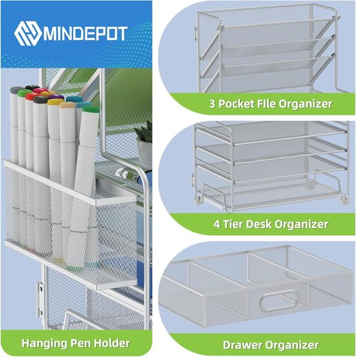 MINDEPOT 4-Tier Paper Organizer - Desktop File Holder with Drawer & Pen Holders | Silver Finish for Office & Classroom