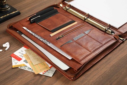 Handmade Leather Portfolio, Embossed Vegan Leather Padfolio Folio, Zipper Portfolio with A4 Letter Sized, Writing Pad Holder, Gifts for Women/Men, Brown