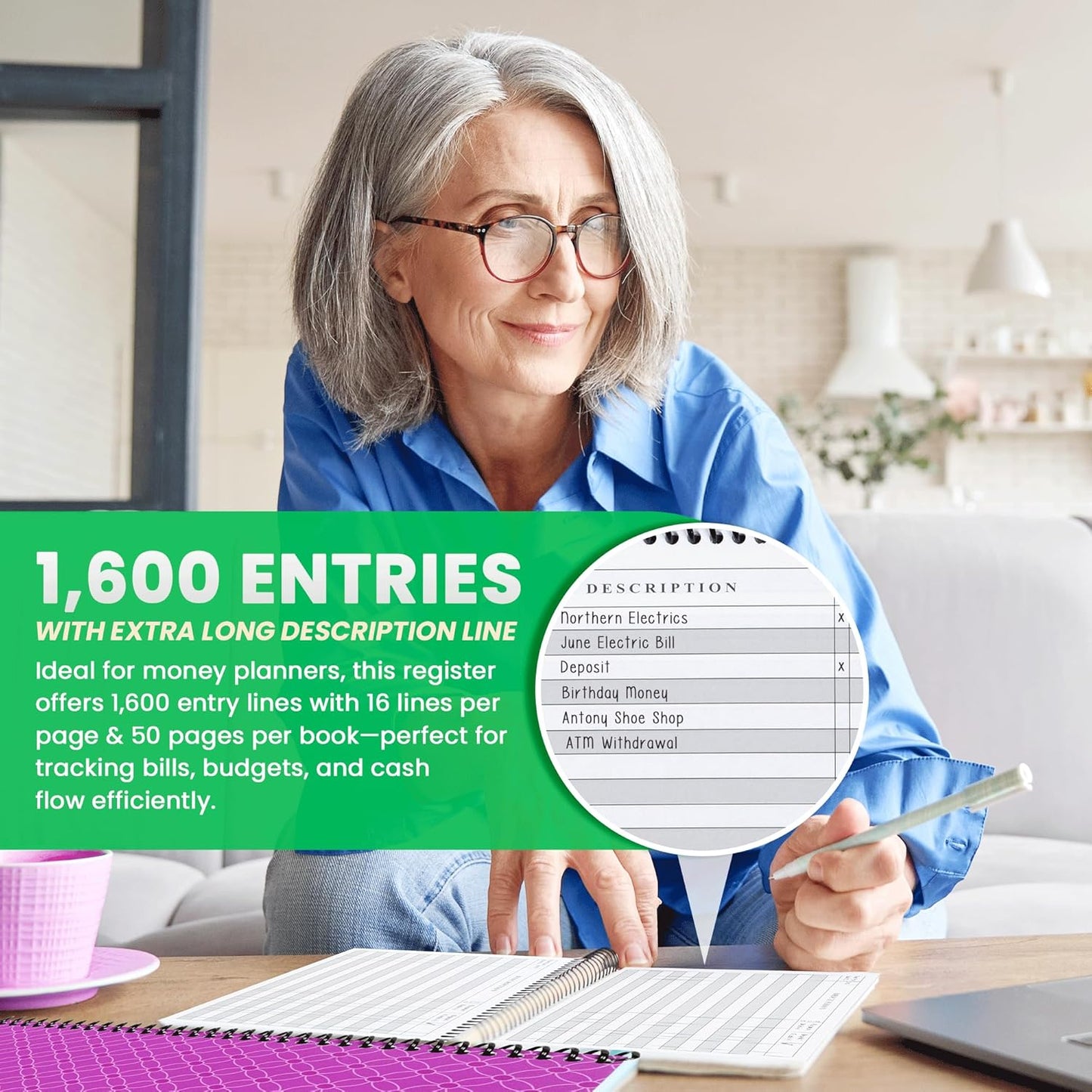 Superior Register - Simple Account Tracker & Financial Ledger - Wide Purple Checkbook Register