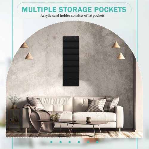 Geelin 2 Pcs Business Card Holder with Hanging Hardware Black Acrylic 16 Pocket Business Vertical Organizer Wall Mount Sticker Display Rack Pre Drilled Organizing Stand for Office Home (Vertical)