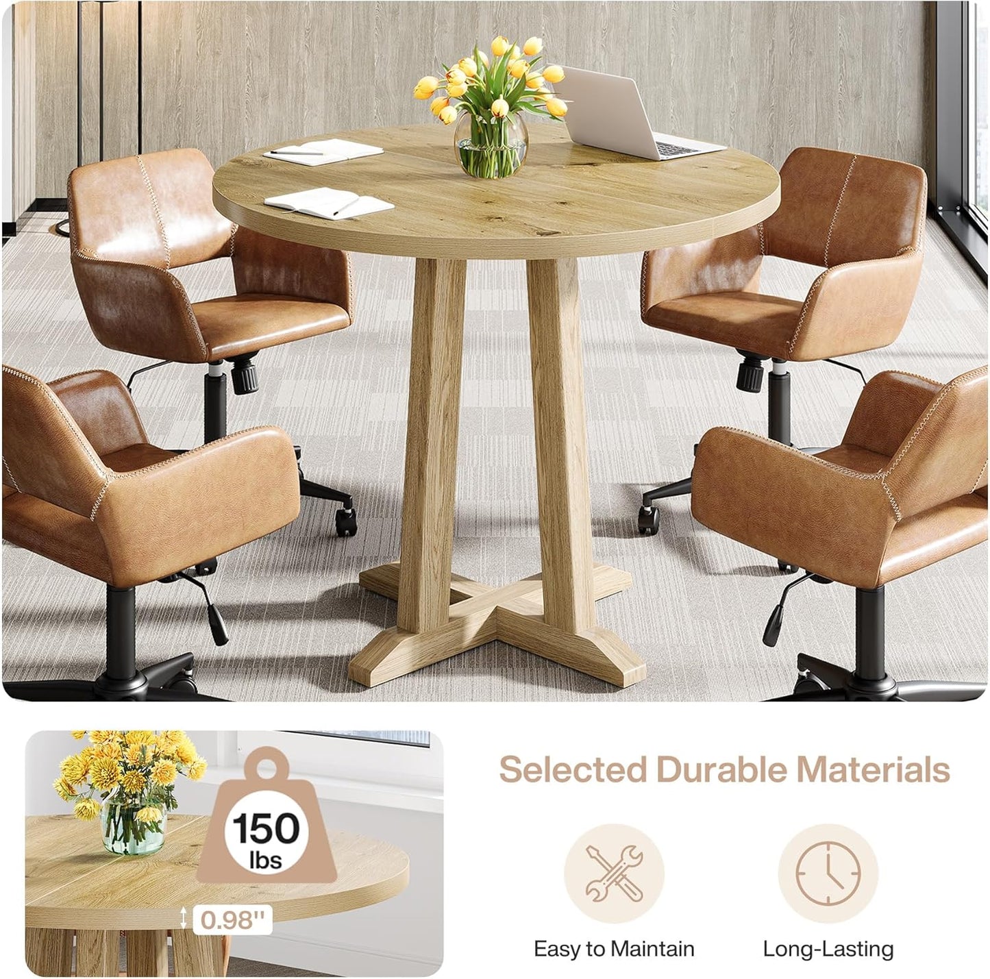 Tribesigns Round Conference Table - Sturdy 31.5" Meeting Table for 2-4 People | Natural Wood Finish