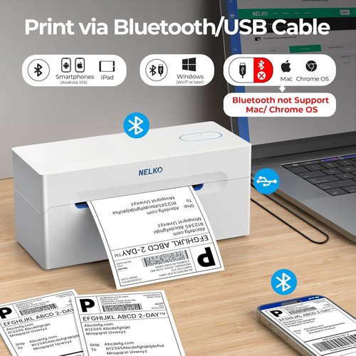 Nelko Bluetooth Thermal Shipping Label Printer - Wireless 4x6 for Small Business | Compatible with Android, iPhone & Windows (White)