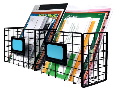 2-Slot Home Office Desk Organizer - Wall Mount Magazine Holder - Metal Mail Basket - Black