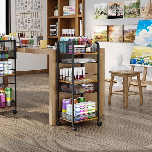 5-Tier Metal Rolling Utility Cart with Drawer, Craft Storage Cart with DIY Divider and Lockable Wheel, Versatile Paint Brush Holder & Paint Organizer & Craft Organizers and Storage for Drawing Room