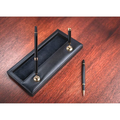 Dacasso Black Leather Double Gold Accents Pen Stand