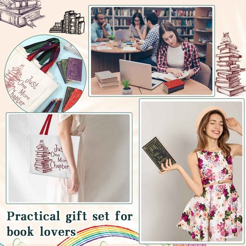 Fulmoon 10 Set Christmas Book Club Gifts Bulk Book Lovers Canvas Tote Bags with Notebooks Ballpoint Pens for Bookish Librarian Reader Women Gifts