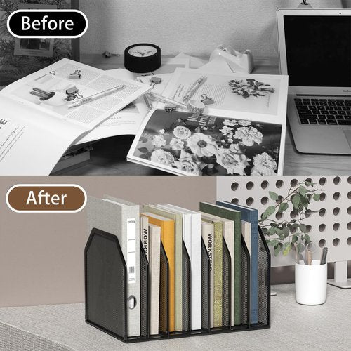 FANXIYQ Metal 7-Section File Folder Organizer for Desk | Vertical Office File Holder | Heavy-Duty Mesh Document Sorter for Books, Binders, Laptops | Black Desk Organizer (12.8”x8.5”x7.9”)