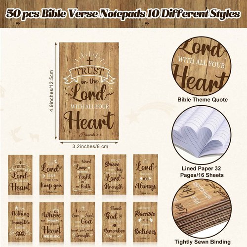 Cholemy 50 Set Bible Verse Gifts Bulk Scripture Mini Notepad Set Christian Bamboo Pens Religious Inspirational Wood Keychains Prayer Notepads Bible Journal Ballpoint Pen Gifts for Office School Church