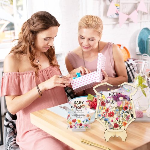 JarThenaAMCS 66Pcs Baby in Bloom Baby Shower Guest Book Alternative Set Acrylic Wildflower Guestbook with Wood Heart Slices Photo Frame Keepsake for 60 Guests