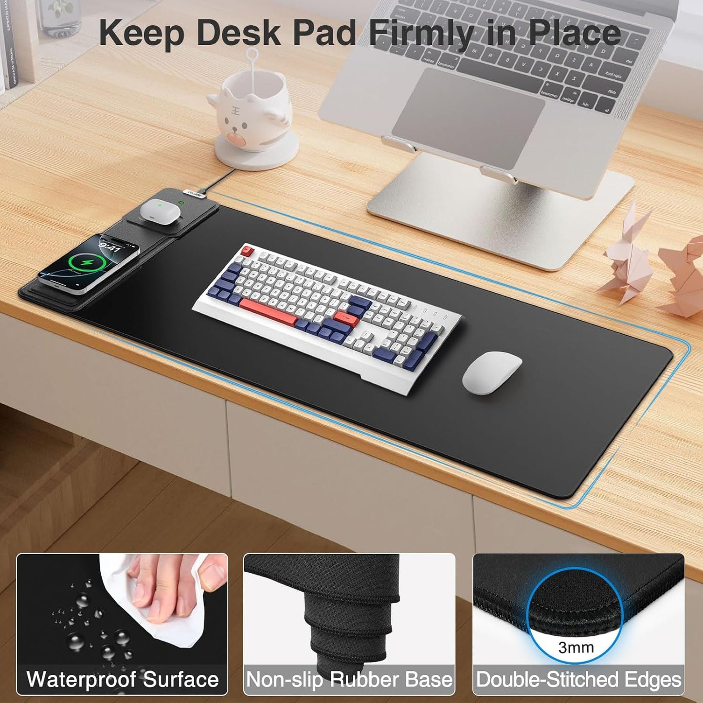Wireless Charging Mouse Pad - Foldable Phone Holder | Large 31.5"x15.8" Desk Mat, Waterproof & Non-Slip, Black