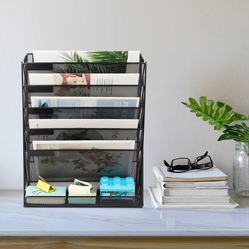 EASEPRES 5+1 Tier Mesh Desk File Organizer, Hanging Wall Mount Document Organization Stand, Desktop Vertical Mail Paper Folder Holder Rack with Bottom Tray for Office Home Cubicle, Black