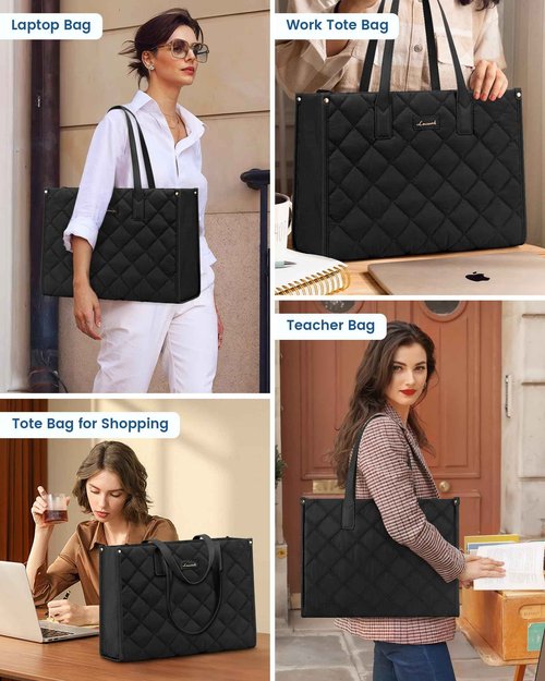 LOVEVOOK Laptop Bag for Women, Lightweight Puffer Tote Bag fits 17.3 inch Computer, Large Quilted Puffy Work Purse, Professional Business Office Briefcase Handbag, Black