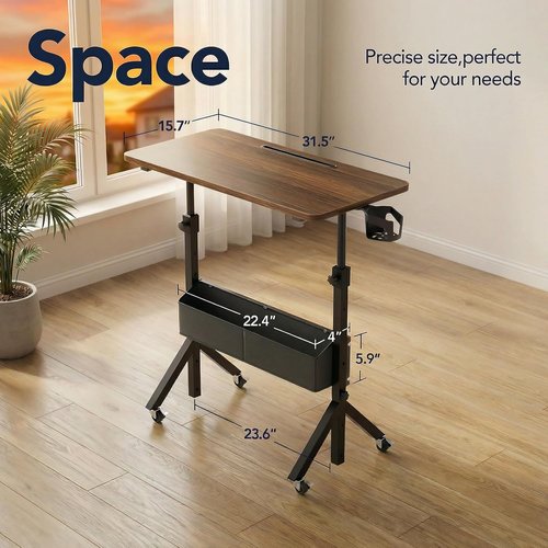 HUANUO Mobile Standing Desk - Height Adjustable 28.7"-46.1" with Wheels & Storage Basket | Compact Home Office Solution