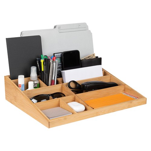 Theodore Bamboo Desktop Organizer – 10‑Compartment Natural Wood Storage Tray for Office, Home, Kitchen & Vanity – No Assembly, Water‑Resistant, Eco‑Friendly