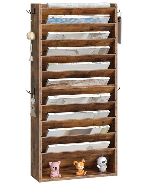 CHOEZON Wall File Organizer, 10-Tier Hanging Mail Organizer, Wall Mount File Holder with 4 Side Hooks, Mail and Storage Organizer, Wooden Vertical Hanging Holder for Office, Rustic Brown MWJ03FG