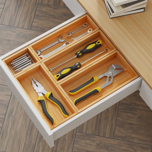 HUCINIUN Bamboo Drawer Organizer Set, 5 PCS Wooden Storage Trays for Kitchen, Bathroom, Office, Makeup