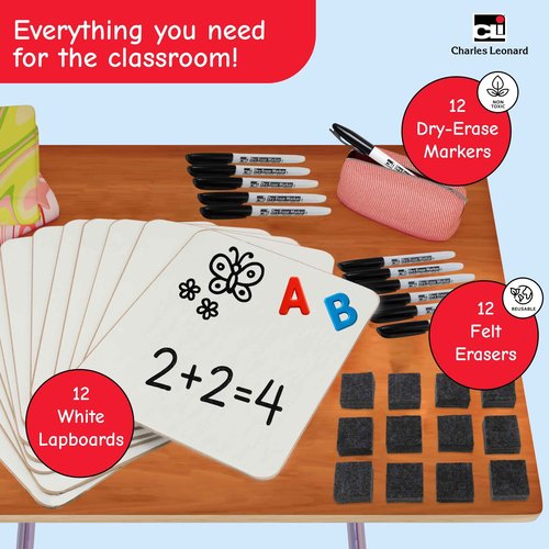 Charles Leonard Magnetic Lapboard Class Combo Pack, Includes 12 Each: 2-Sided Plain/Plain 9 x 12 Inch White Boards, 2-Inch Erasers, Black Dry Erase Markers (35040)
