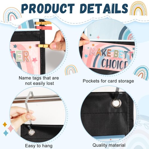 67 Pcs Student Behavior Clip Chart for Classroom Management Blue Boho Track Reward Incentive Behavior Pocket Chart Kids Boho Bulletin Board Hanging Tool for Teacher Office Elementary School Supplies