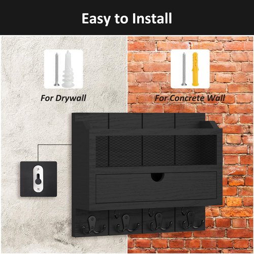 Nekon Mail Organizer with Drawer for Wall, 12"W x 10"H x 3.1"D Mail Sorter Wall Mounted, Wooden Key Holder Wall File Organizer Letter Sorter for Letter Magazines (Black)