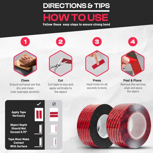 GripBond Black Super Bond Heavy Duty Double Sided Tape, 4 Rolls (18.3 Ft), 1.2” x 220” – Waterproof Adhesive Mounting Tape for Indoor/Outdoor, Walls, Automotive, Car, LED Strip Lights, Home, Office