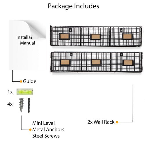 Wall35 Amalfi Hanging File Folders Office Desk Organizer Wall Mount Wire Basket Storage Magazine Holder 3 Sectional Set of 2 Black