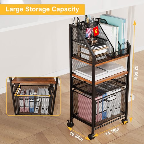 Rolling File Cart with 2 Storage Drawers Multipurpose Book Letter Organizer Carts with Lockable Wheels Wood&Mesh Rolling File Organizer Space-Saving Cart for Office Supplies
