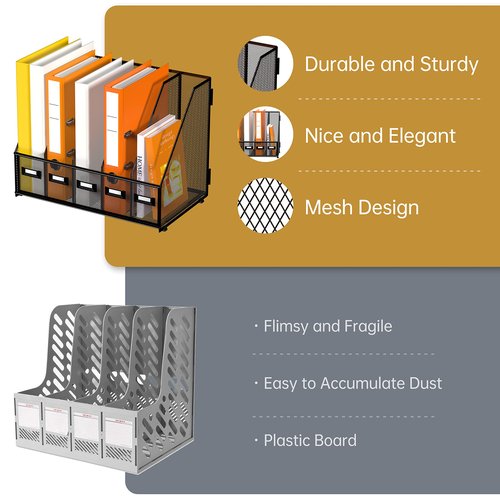 DALTACK Desk Organizers Metal Magazine File Holder with 5 Vertical Compartments Folder Storage Binder Organizer for Office Home School Organization, Black Plus