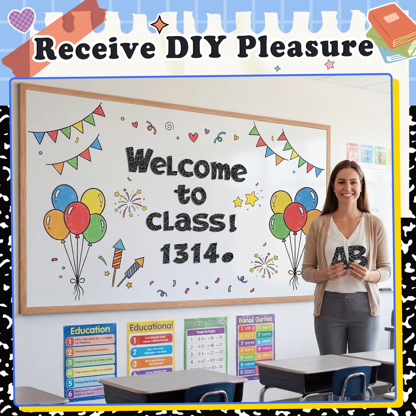 Colarr 144 Pcs Glitter Bulletin Board Letters for Classroom Number Alphabet Punctuation Symbol Cutout 4'' Die-Cut Poster Letter with Adhesive Dot School Party Holiday Decor Display(Black)