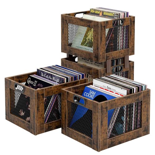 TEMI Vinyl Record Storage Crate – Large Wooden Record Holder for 70+ Albums – Industrial-Style Record Organizer and Durable Record Storage Solution for Home or Studio, Set of 2