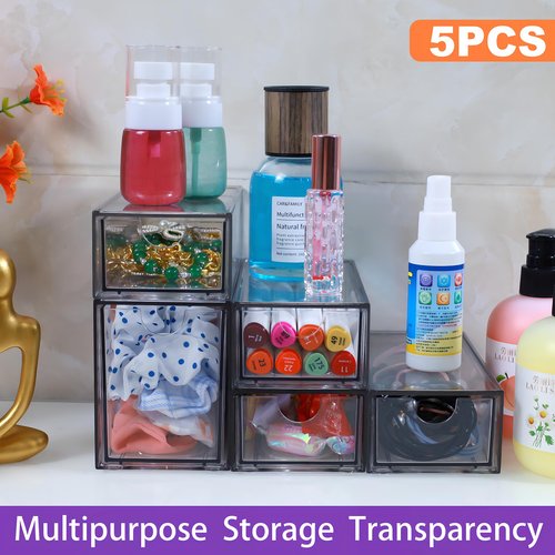 5 Pack Acrylic Makeup Organizer Clear Stackable Storage Drawers Tall Acrylic Bathroom Makeup Organizer for Cosmetic,Beauty Supplies,Ideal for Vanity, Undersink,Cabinet,Desk Home Organization