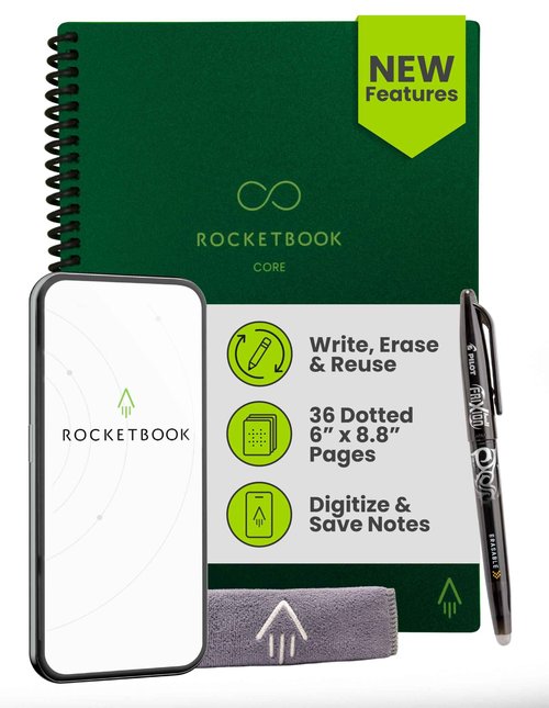 Rocketbook New Core Reusable Spiral Notebook, Executive Size 6x8.8, Green - Dotted Pages, App-Connected, Erasable, Durable Cover, Ideal for School, Work, and Creative Projects