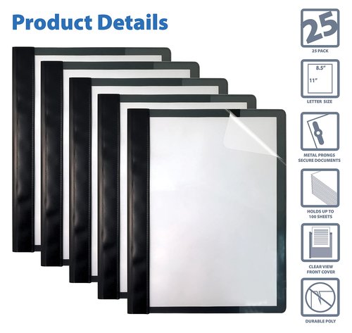 Better Office Products Ultra Durable Clear Front Report Covers, 25 Per Box, Letter Size, Black, Poly Back Cover, with Fasteners, Lay Flat, Box of 25