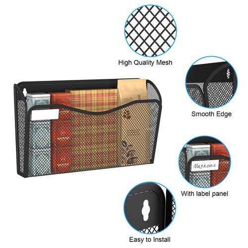BOHDK Wall File Organizer, Mesh Hanging File Organizer, Home Office Organization and Storage, 3 Single Pockets Document Magazine Rack