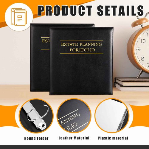 Skyygemm 2 Pcs Estate Planning Portfolio Binder PU Leather 3 Ring Binders with Gold Title and Index Tab Dividers, 11'' x 11.8'' x 2.4'' Estate Planning Organizer (Black)