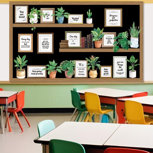 Bookshelf Bulletin Board Set Back to School Plant Motivational Classroom Decoration Reading Poster Potted Plant Back to School Cutouts for Library Office Chalkboard Wall Door Decor Supply