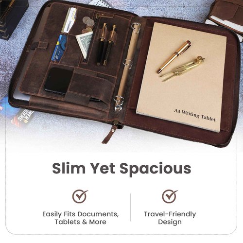 Premium Leather Portfolio Organizer with Zipper - Brown Business Padfolio with Card Slot, Document Holder, Pen Loops | Leather Padfolio with 3 Rings Binder Legal Pad Holder Podfolio for Men & Women