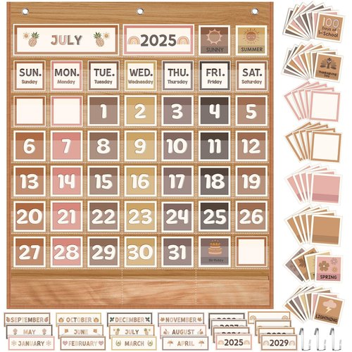 Sinload Classroom Calendar Pocket Chart Set Calendar Bulletin Board Set Seasons Festival Weather Pocket Chart for Classroom Decoration Back to School Supplies(Neutral Boho)