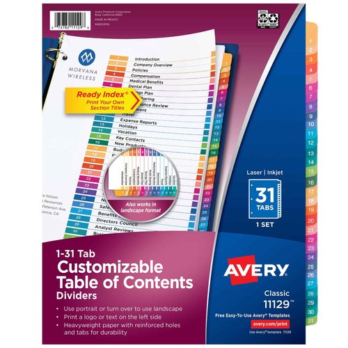 Avery 31-Tab Dividers for 3 Ring Binders, Customizable Table of Contents, Multicolor Tabs, 12 Sets (11129)