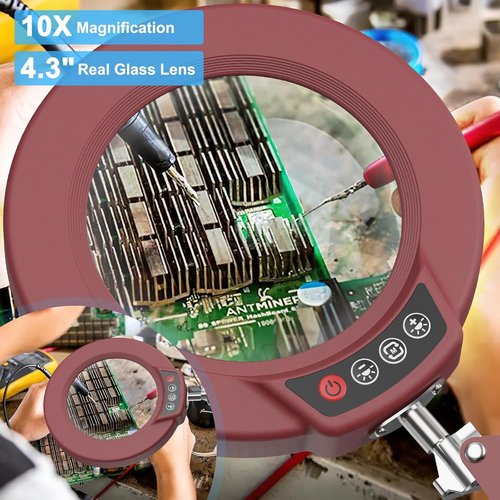 Skiennix 10X Magnifying Glass - Lighted Clamp Magnifier with 5 Color Modes & Dimmable LED - Red